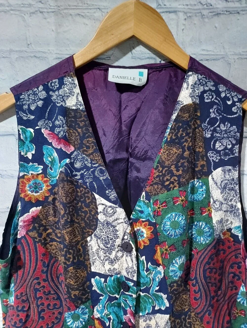 Vintage Women's Vest S Patchwork Funky 90's Teacher Academia Satin Back Folk Art